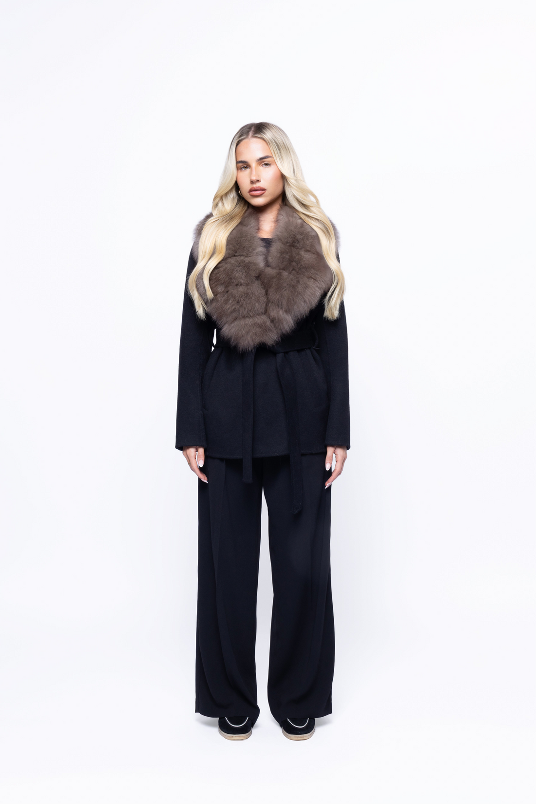 Noir Luxe faux fur coat in black, front view