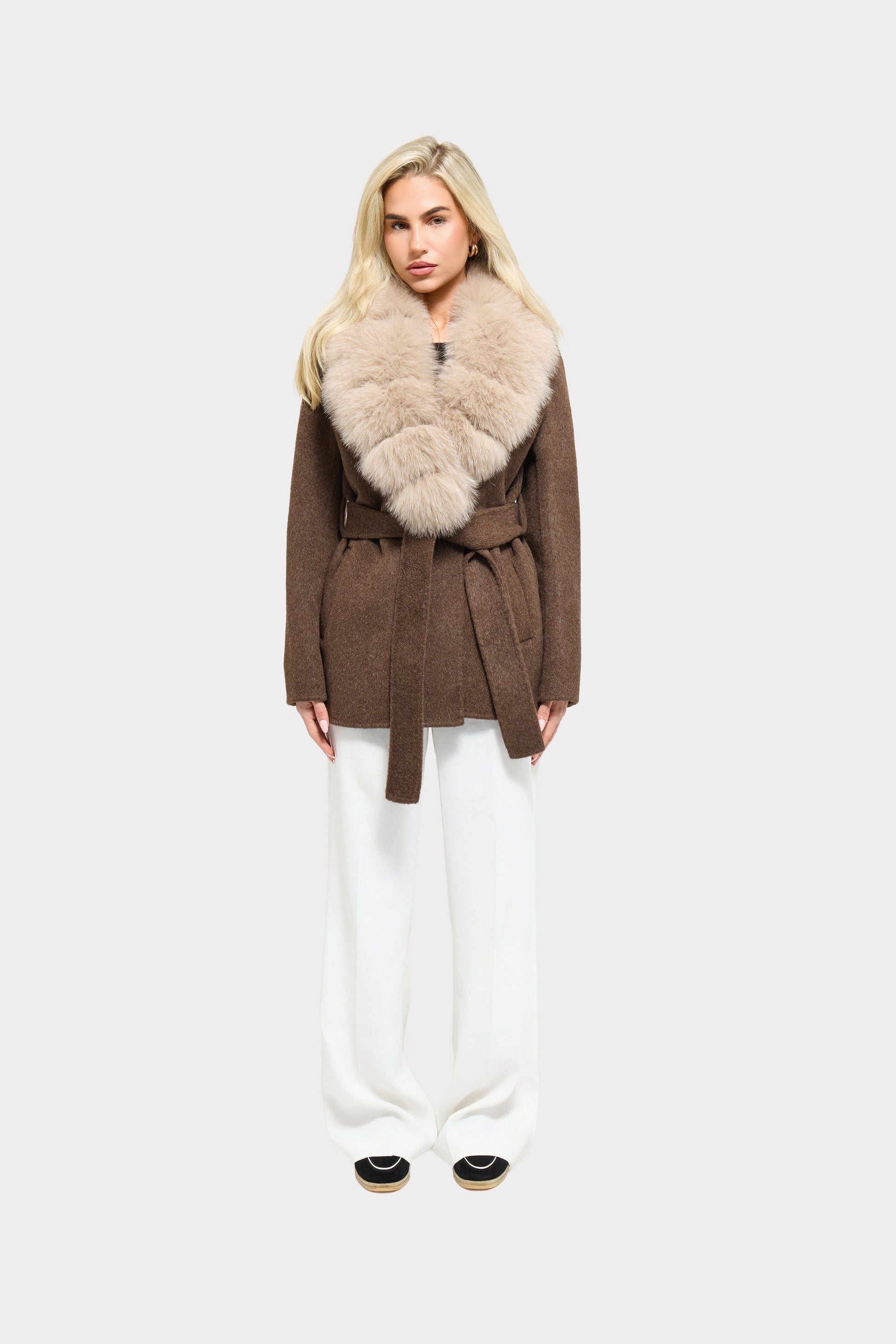 Noir Luxe faux fur coat in brown, front view
