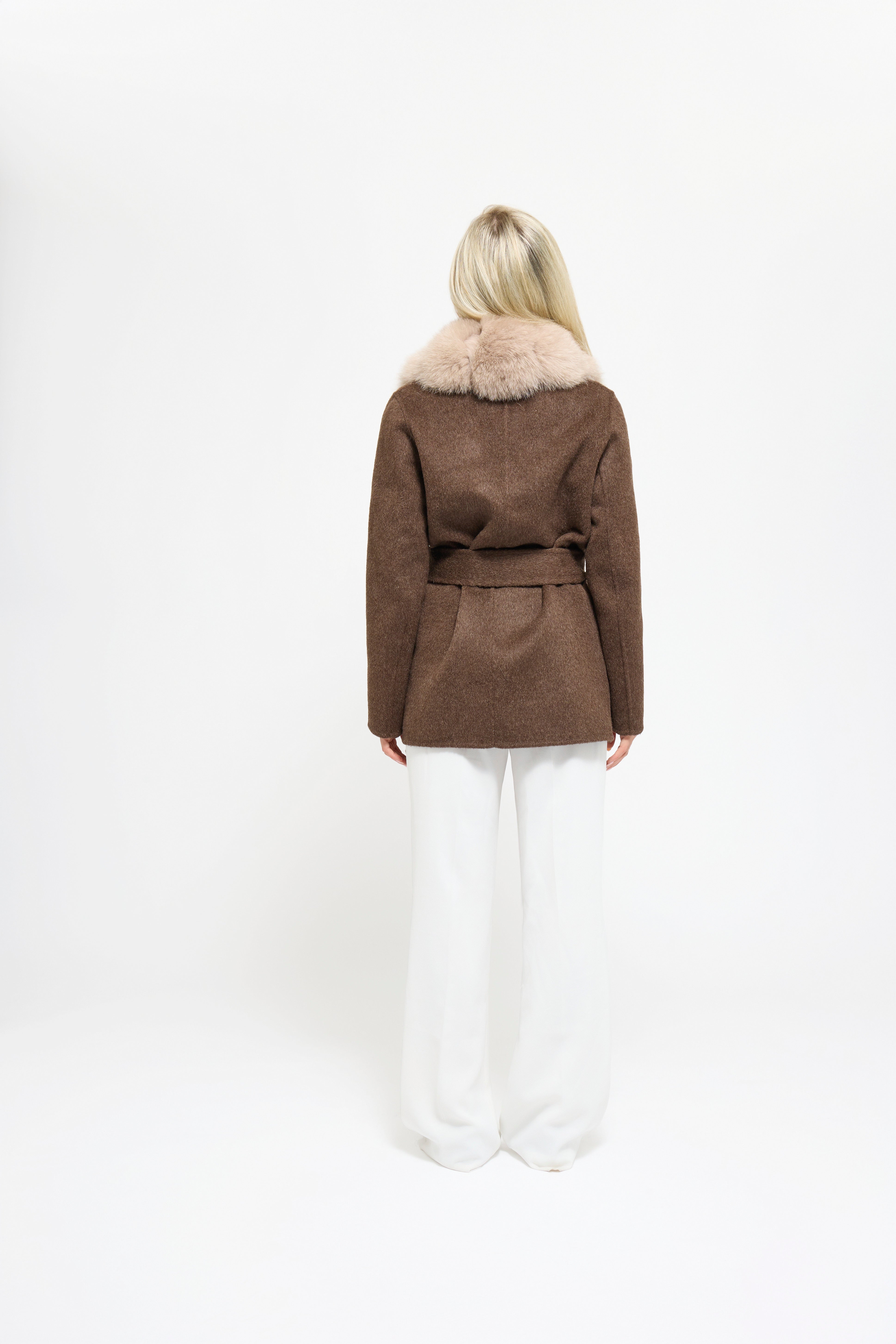 Brown faux fur front panel on the Noir Luxe coat