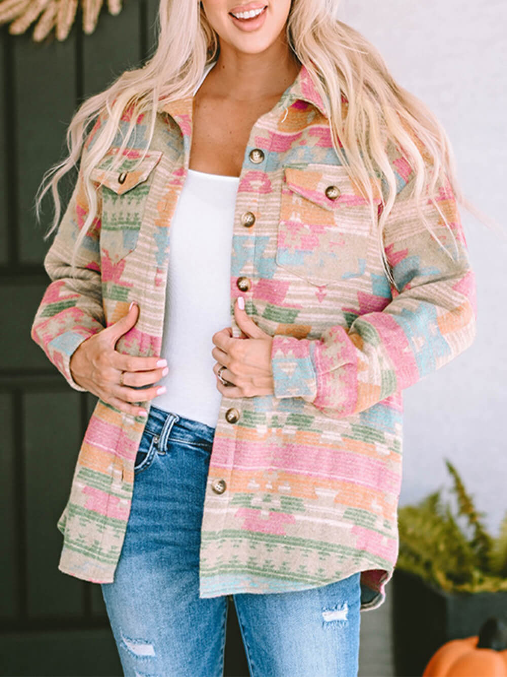 Front view of the Serena multicolour check oversized jacket