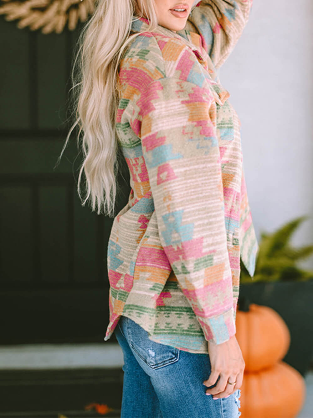 Close-up of the check pattern on the Serena oversized jacket