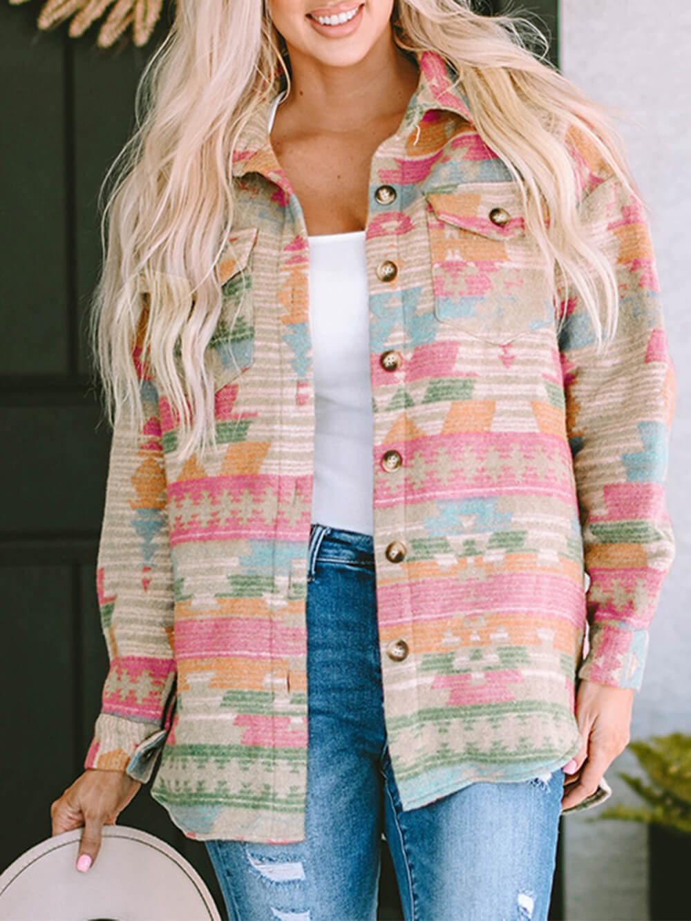 Serena multicolour check oversized jacket shown on a model