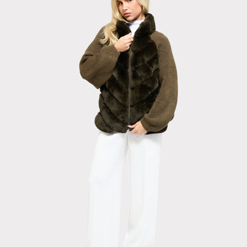 Olive knit jacket with faux fur panel