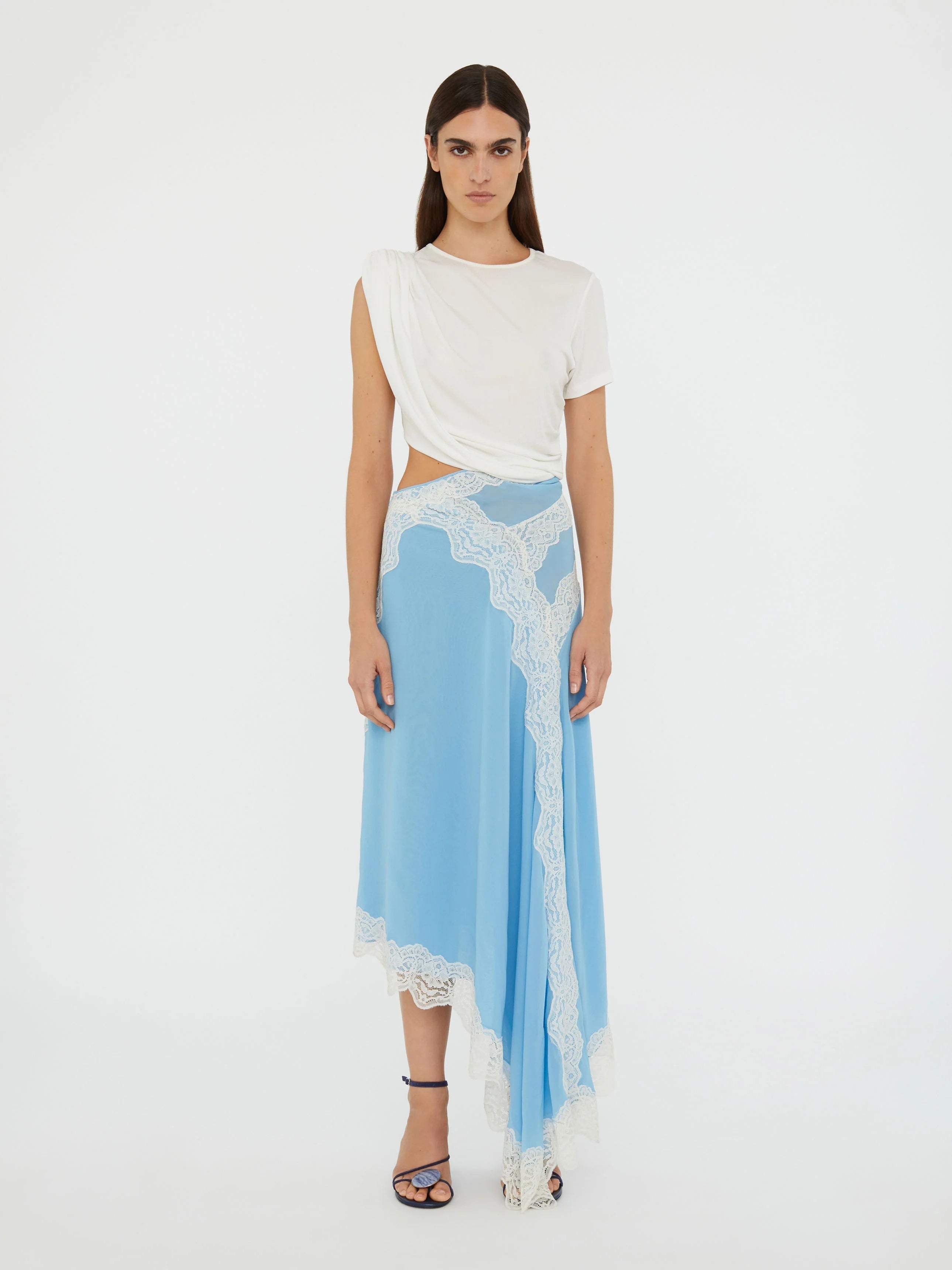 Twist and Lace midi dress shown on a model
