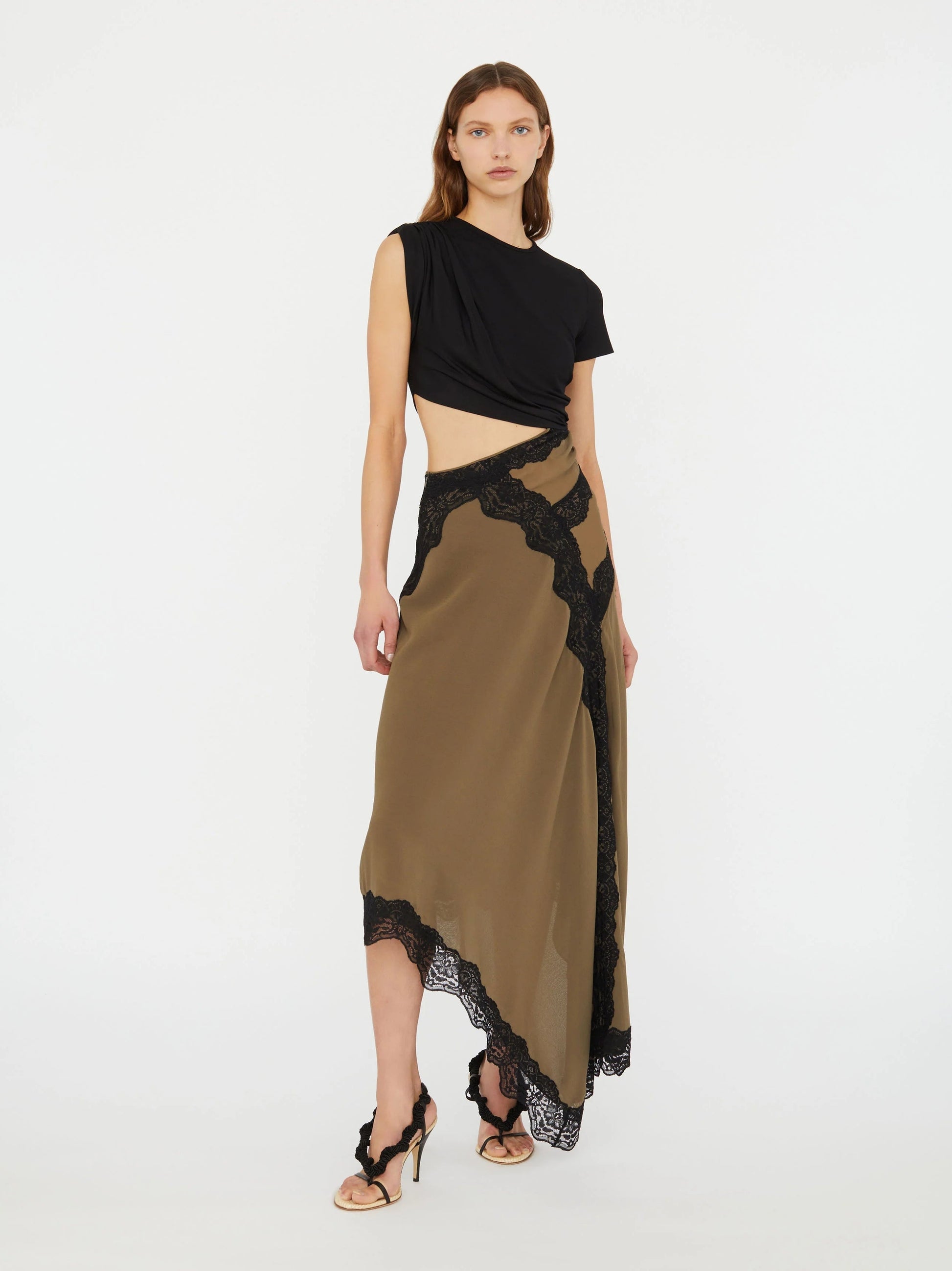 Asymmetric cascading hemline on the Twist and Lace midi dress