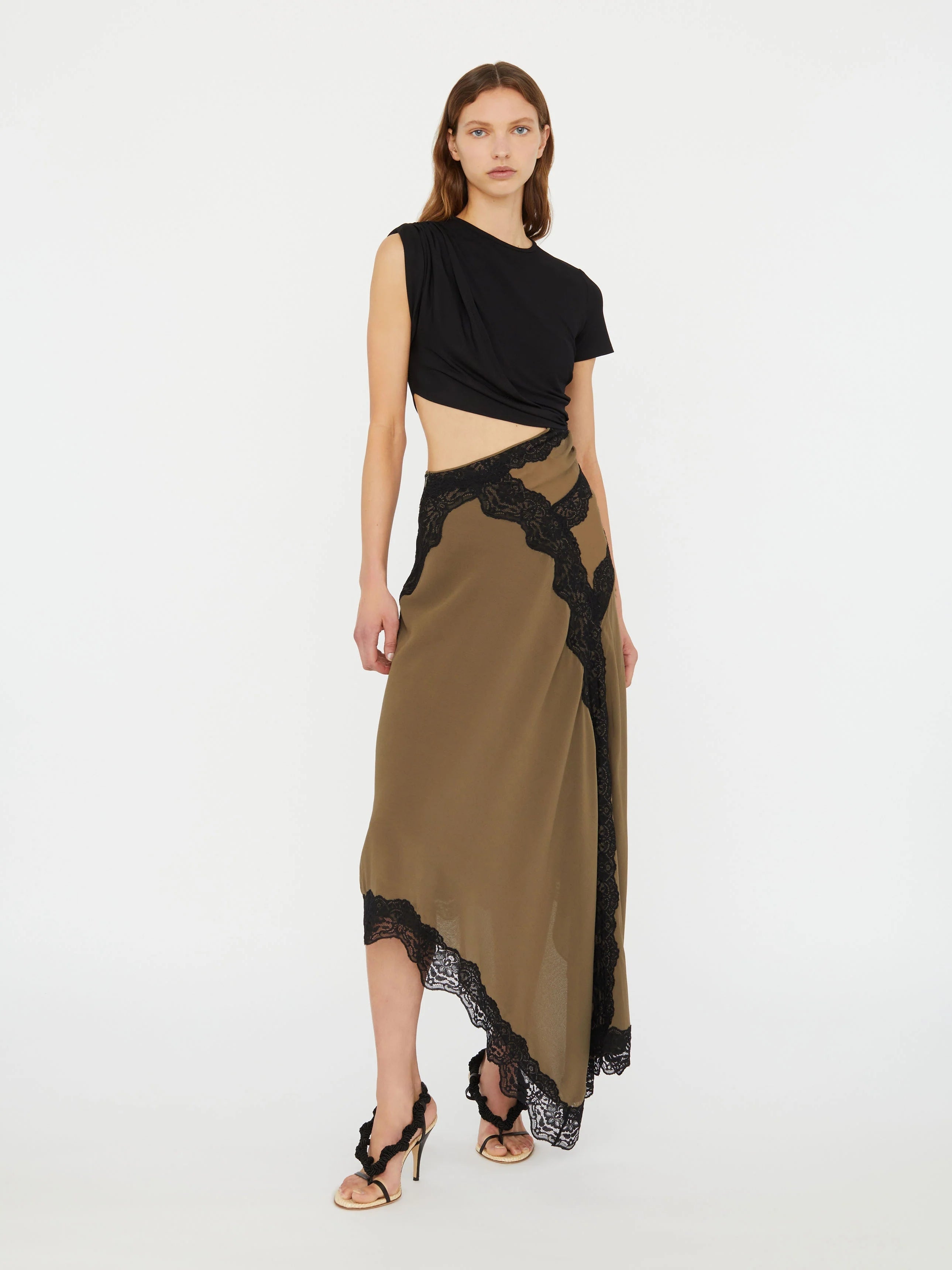 Asymmetric cascading hemline on the Twist and Lace midi dress