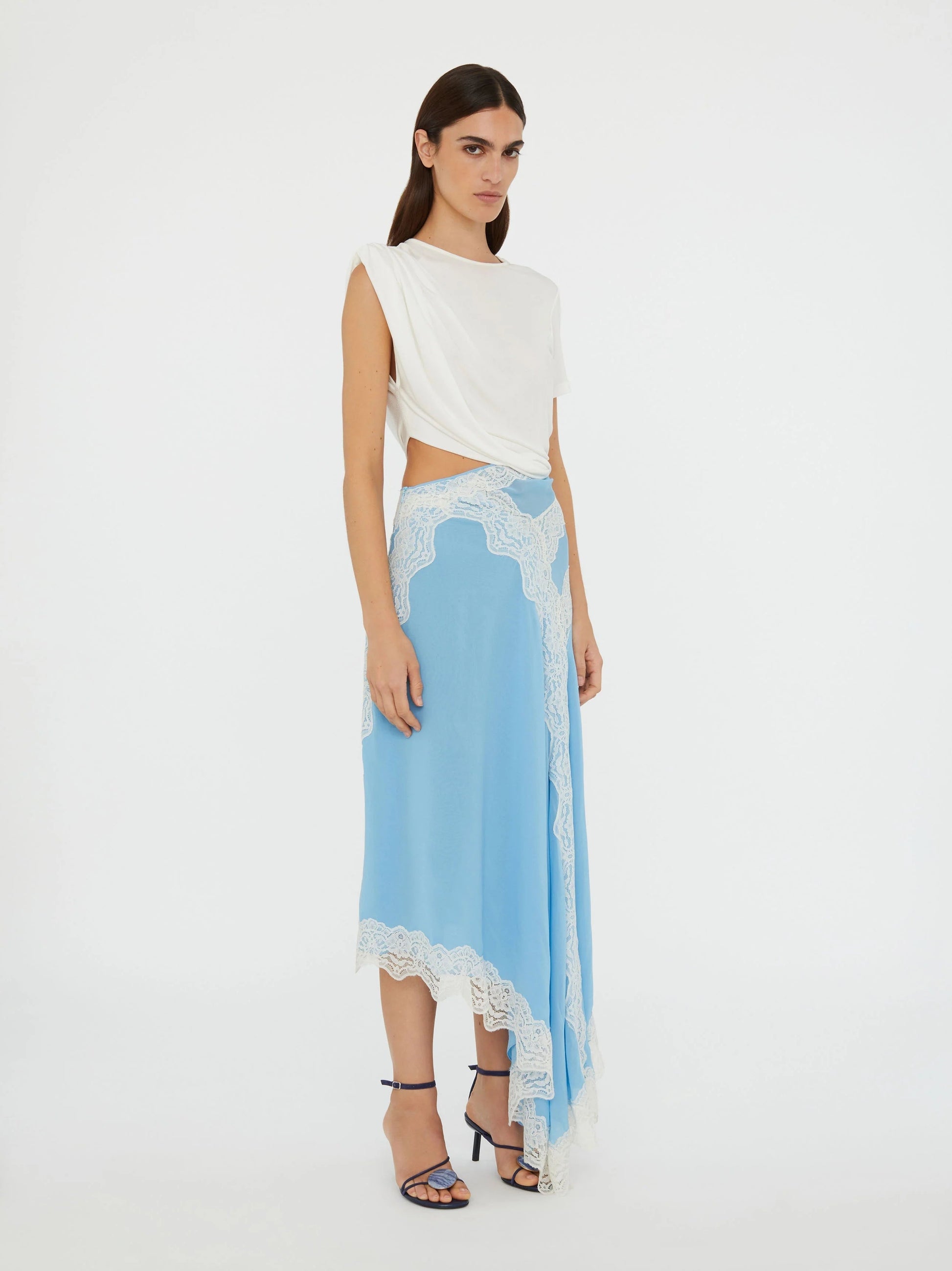 Satin skirt detail on the Twist and Lace midi dress