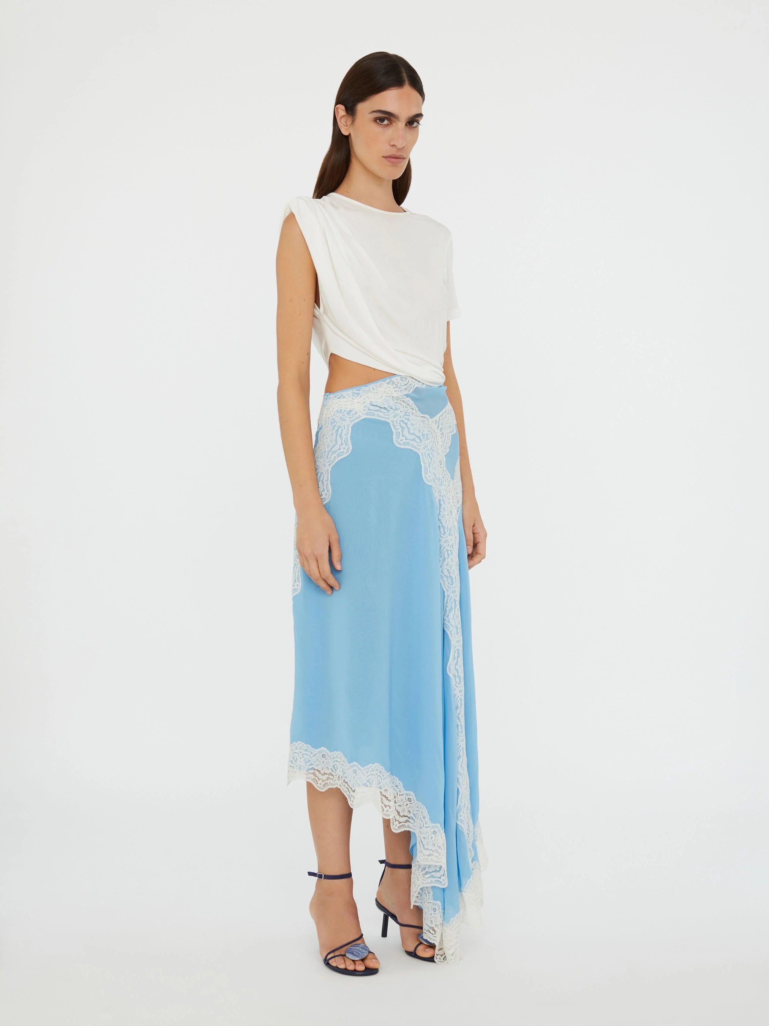 Satin skirt detail on the Twist and Lace midi dress