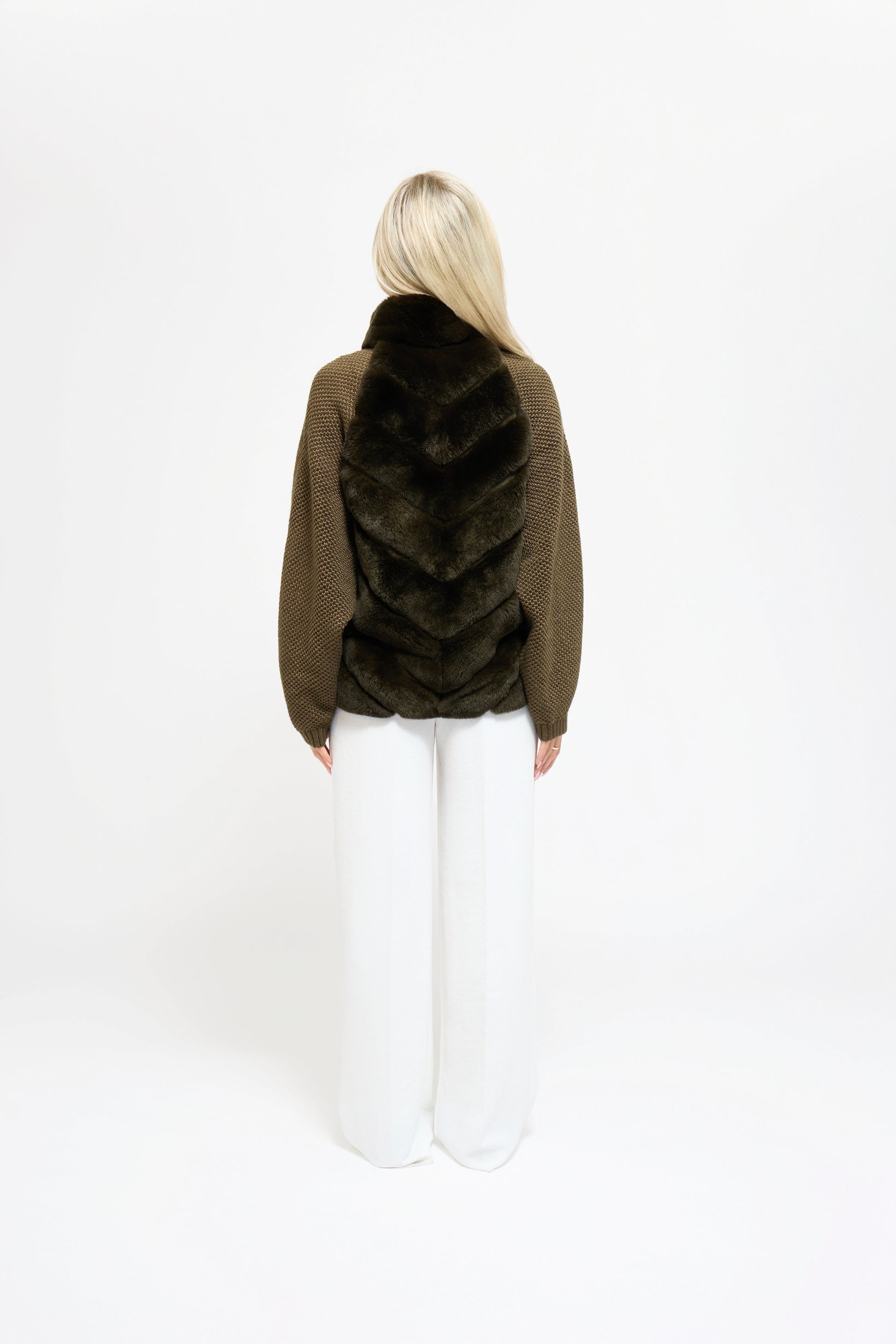 Plush faux fur front panel on the Vera knit jacket