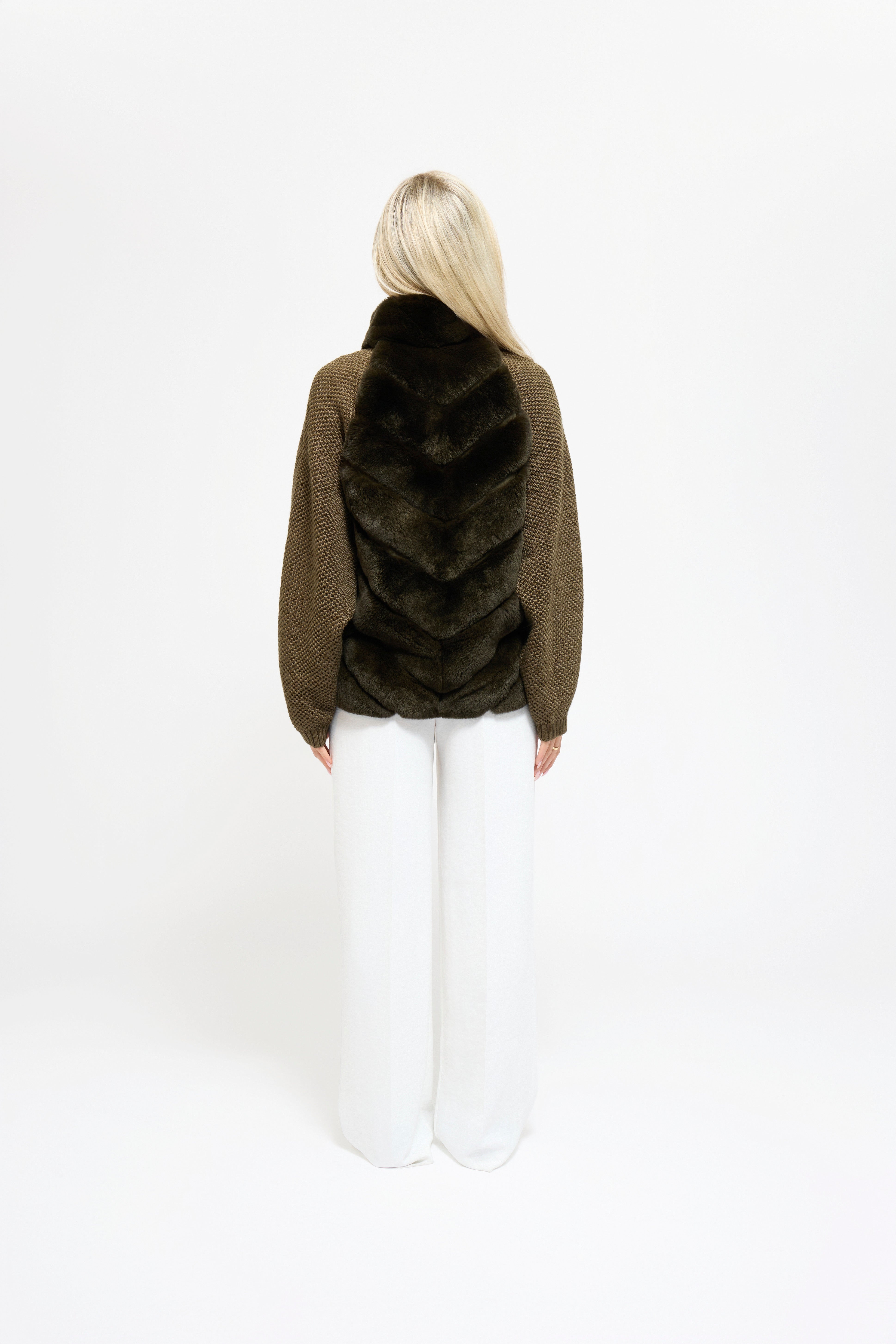 Plush faux fur front panel on the Vera knit jacket