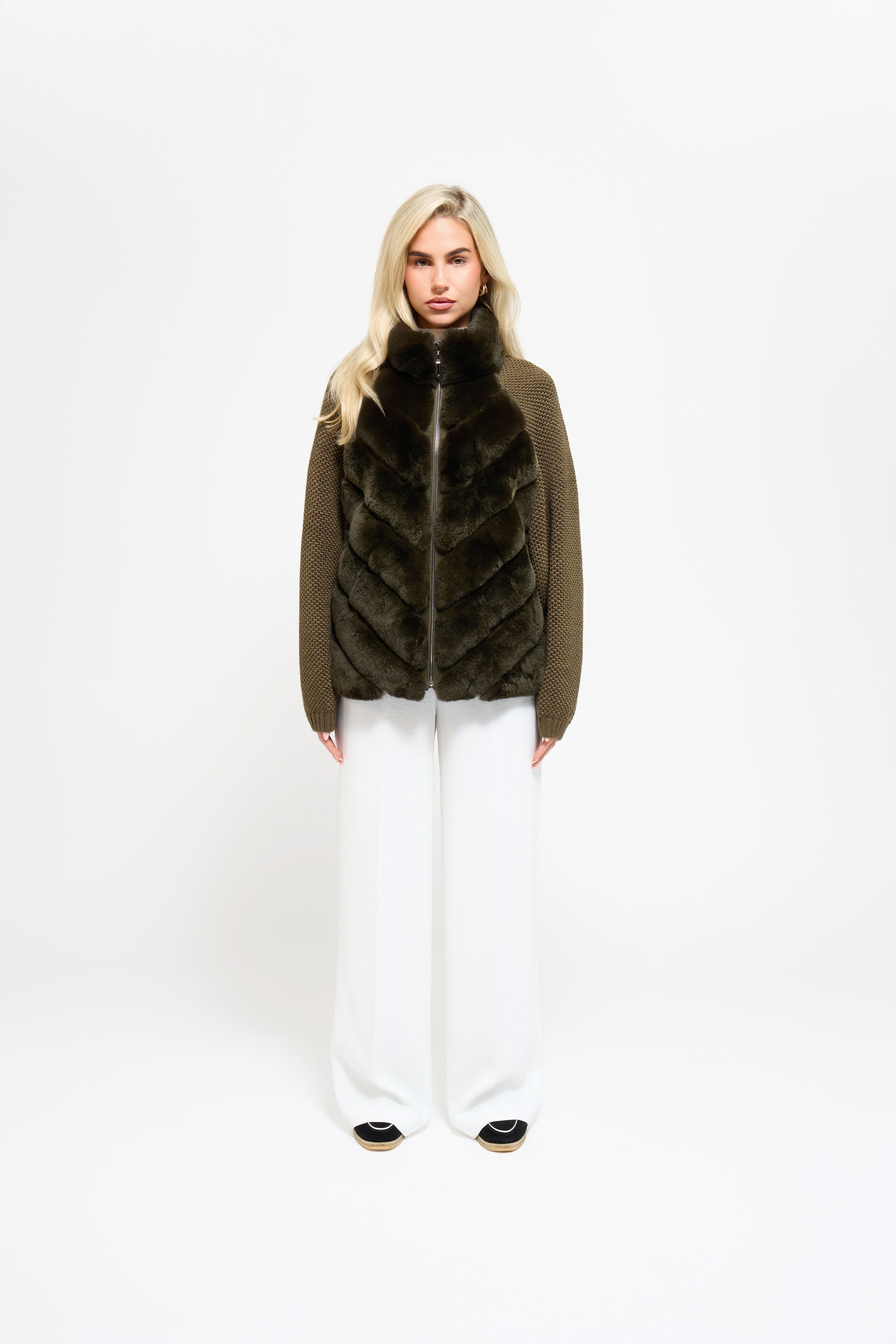Knit sleeve detail on the Vera faux fur jacket