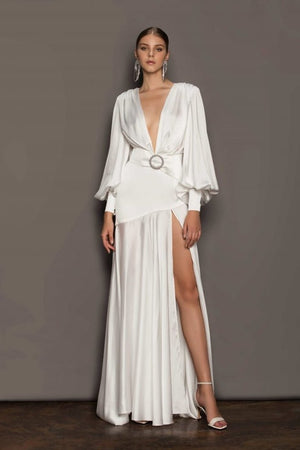 Seraphina Satin Belted Slit Maxi Dress